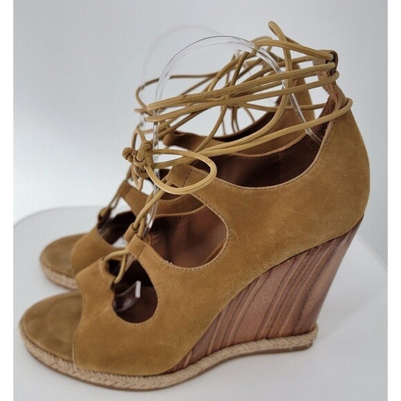 Tory Burch Raya Suede Lace Up Wedge Heels Womens Tan Brown Open Toe Sandals - Picture 2 of 10